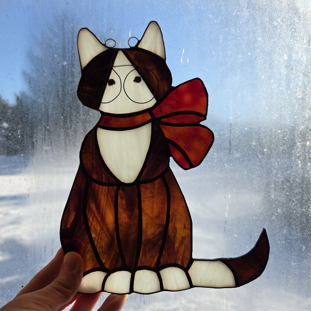 Vintage Stained Glass Cat Suncatcher Red Scarf Black White Leaded Panel 9”
